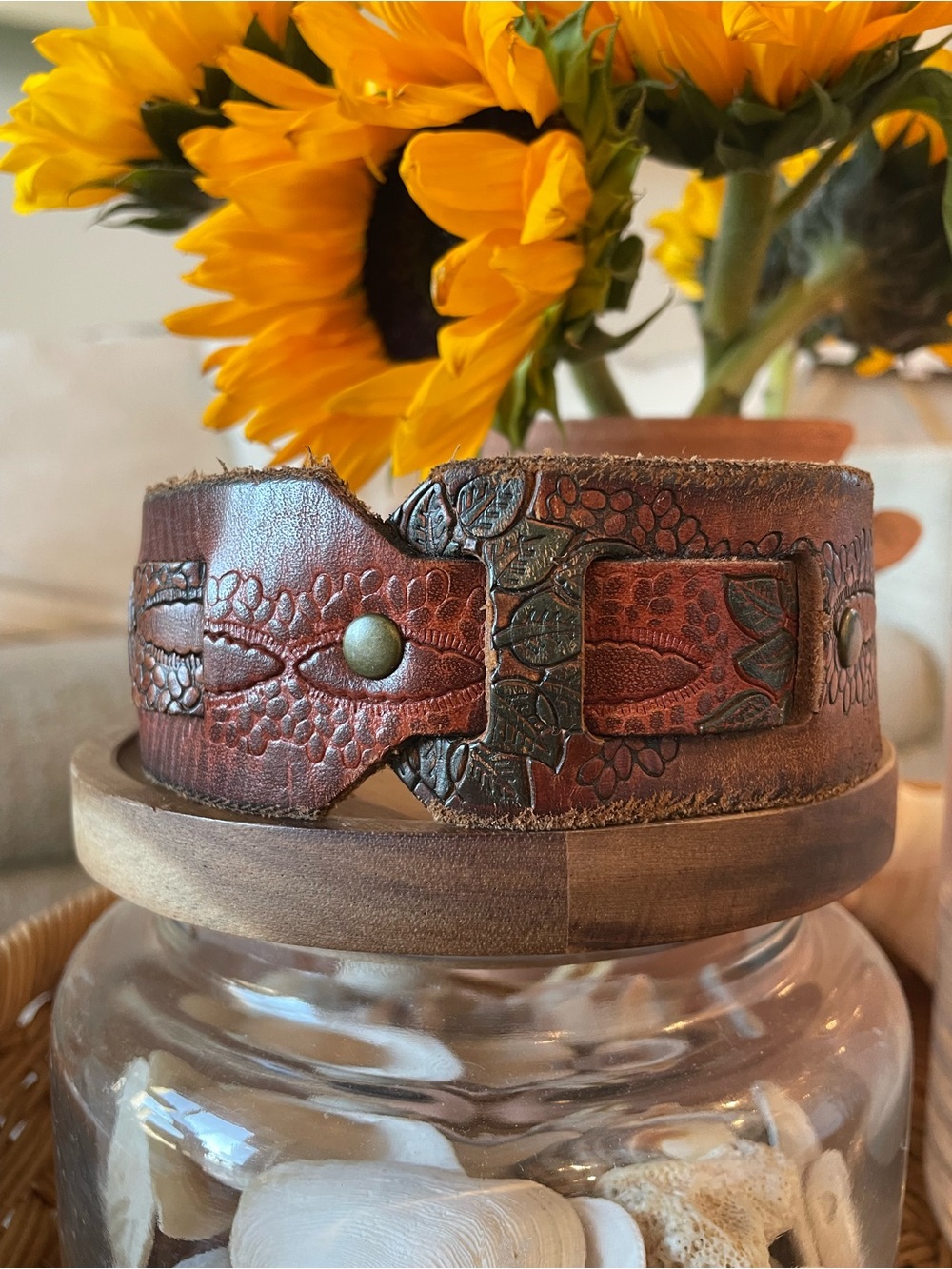 Artisan Embossed Brown Leather Cuff Bracelet
